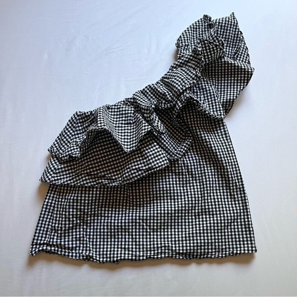 MISA LOS ANGELES black and white gingham seersucker ruffle layered asymmetrical